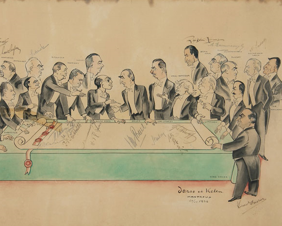Montreaux Anlaşması, 1939, Anlaşmaya katılan devlet adamlarının özgün imzalarıyla politik karikatür, karton üzerine karışık teknik